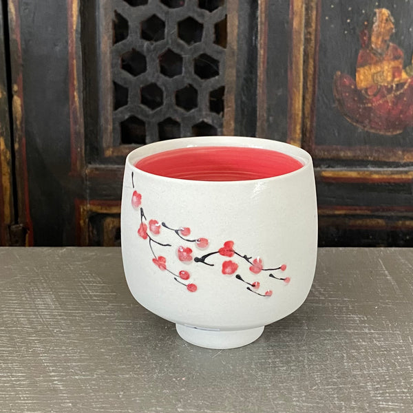 Tea Bowl in Red Cherry Blossom with Bare Porcelain #22 (5 oz)