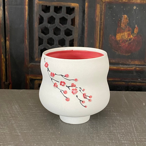 Tea Bowl in Red Cherry Blossom with Bare Porcelain #23 (7 oz)