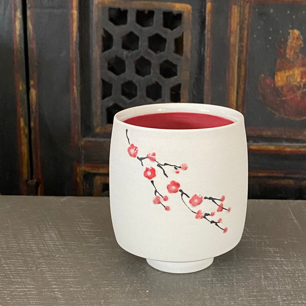 Tea Bowl in Red Cherry Blossom with Bare Porcelain #21 (7 oz)