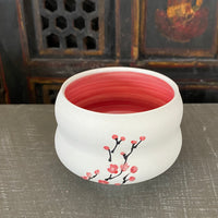 Tea Bowl in Red Cherry Blossom with Bare Porcelain #19 (7 oz)