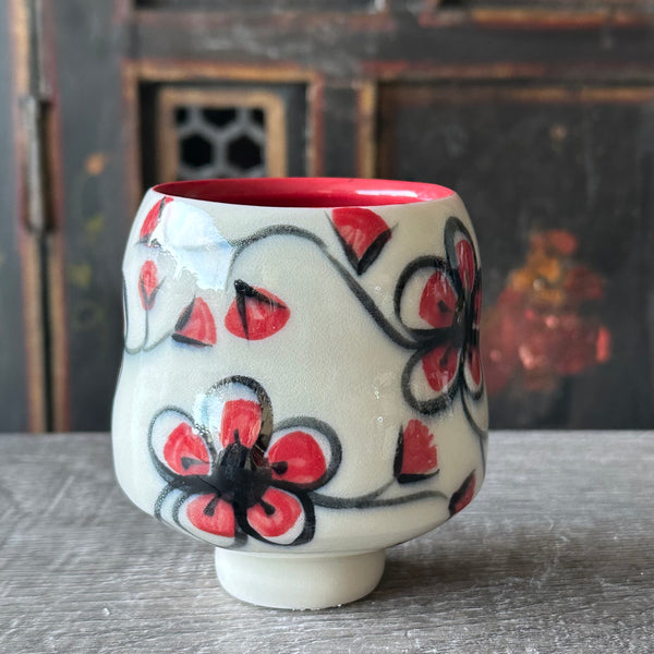 Red Plumflower Tea Bowl #38 (Free Shipping)