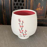 Large Tea Bowl in Red Cherry Blossom with Bare Porcelain #1 (12 oz)