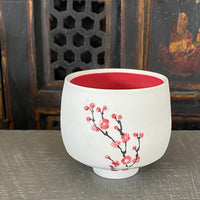 Tea Bowl in Red Cherry Blossom with Bare Porcelain #2 (8 oz)
