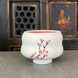 Tea Bowl in Red Cherry Blossom with Bare Porcelain #19 (7 oz)