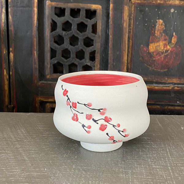 Tea Bowl in Red Cherry Blossom with Bare Porcelain #1 (7 oz)