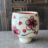 one-of-a-kind cherry blossom wine cup #39, red interior glaze, front view